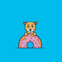 tigre bebê fofo em donuts. personagem, mascote, ícone e design bonito. vetor
