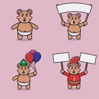 conjunto de personagem de urso bebê fofo com várias poses. traga banner, balões e banner de natal. vetor