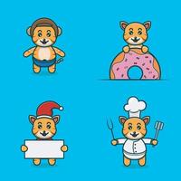 conjunto de personagem tigre bebê fofo com várias poses. usando capacete, em donuts, natal e chef. vetor