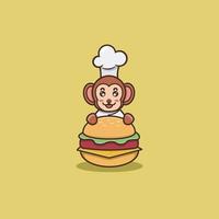 bebê fofo macaco chef no hambúrguer. personagem, mascote, logotipo, desenho animado, ícone e design bonito. vetor