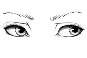 mão desenhada olhos de mulher realistas com íris, sobrancelhas e cílios detalhados. ilustração vetorial de tipografia vetor