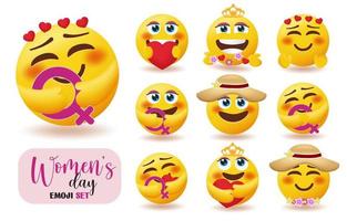 conjunto de vetores de personagens de emoji de mulheres. coleção de emoticons de dia das mulheres com personagem de menina segurando o símbolo feminino para o projeto de celebração de mulher e mães. ilustração vetorial.