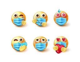 Conjunto de vetores de emoji covid-19. emoticon emojis 3d em diretrizes de segurança, como vacinação, lavagem das mãos e verificação de temperatura para um novo design de coleção de personagens de segurança normal. ilustração vetorial