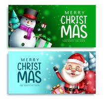 Conjunto de banner de vetor de personagens de Natal. texto de saudação de feliz Natal com papai noel e personagens de homem de neve em fundo de neve ao ar livre para coleção de design de temporada de Natal. ilustração vetorial.