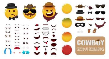 kit de vetor criador de cowboy emoji. emoticons editáveis de personagens de cowboys com olhos, boca e elementos de cowboy para design de criação de rosto de emojis de traje ocidental. ilustração vetorial.
