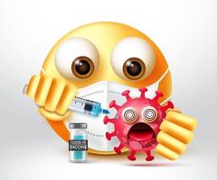 projeto do vetor da vacina emoji covid-19. emoticons 3d personagem matando vírus por injeção de vacina para a campanha de vacinação pandêmica emojis design de personagem. ilustração vetorial