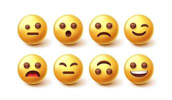 conjunto de vetores de caracteres emojis. emoji 3d com emoção de rosto feliz, triste e chateada isolada no fundo branco para elementos de design gráfico de personagens de emoticon. ilustração vetorial.