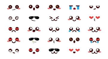 conjunto de vetores de caracteres emojis kawaii. emoticon bonito chibi desenho animado emoji na coleção de reação de rosto feliz kawaii isolada no fundo branco para design de arte de doodle de expressão facial.