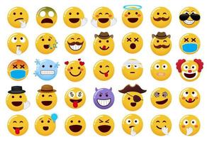 emoticon emojis vector set. personagens emoji com elementos de mão e chapéu em expressão facial engraçada e fofa isolada no fundo branco para coleção de emoticons. ilustração vetorial.