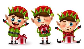 elf natal vetor conjunto de caracteres. elfs pequenos personagens com presentes em surpresa e expressão facial agradecida para o presente de Natal dando design de elementos de coleção. ilustração vetorial.