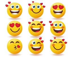 emoji valentines inlove emoticon vector set. emoticons amam personagens sorrindo, corando e beijando expressões faciais isoladas no fundo branco para design de personagens emoji. ilustração vetorial.