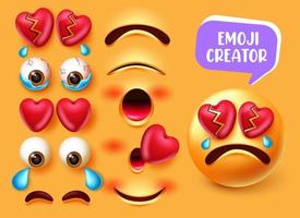 cenografia do vetor do criador do emoji. emojis 3d em caráter de choro e coração partido com olhos editáveis e elementos de kit de rosto de boca para a expressão facial de emoticons de criação. ilustração vetorial