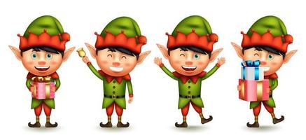 conjunto de vetores de personagens de Natal de elfos. Kid duendes em personagens gráficos 3D com feliz expressão acenando, dando e segurando presentes para a coleção de design amigável de Natal. ilustração vetorial.