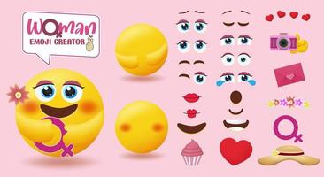 conjunto de vetores de criador de mulher emoji. Kit de personagens editáveis de emoticons femininos com partes do rosto dos olhos, boca e elementos femininos para design de criação de rosto de emojis femininos. ilustração vetorial.