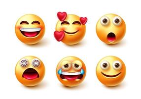 conjunto de caracteres do vetor emoji. Personagens de emoticons 3D como expressões faciais apaixonadas, felizes, chorando e tontas, isoladas no fundo branco para design de coleção de emoticons. ilustração vetorial