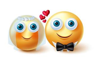 desenho de vetor de casal de noivos emojis. Conceito de amantes da noiva e do noivo emoji 3d em amarelo inlove enfrenta personagens para o personagem de emoticon casado marido e mulher. ilustração vetorial.