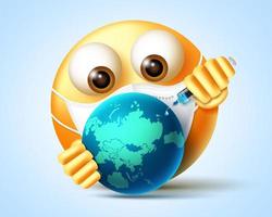 projeto do vetor da vacina emoji covid-19. emojis Personagem 3D vacinando o mundo com elemento de seringa para campanha de emoticons de vacinação em todo o mundo. ilustração vetorial