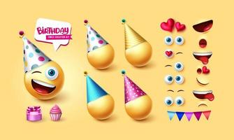 conjunto de vetores de criador de emojis de aniversário. emoji 3d character kit com expressão de rosto editável fofa, feliz e amigável para design de coleção de reação de emoticon do dia do nascimento. ilustração vetorial.