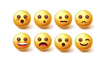 conjunto de vetores de caracteres emoji. Emoticon 3D na expressão facial feliz e surpresa, isolada no fundo branco para a coleção de design de emojis. ilustração vetorial.