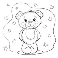 ilustração de contorno de urso de pelúcia bonito dos desenhos animados isolada em um fundo branco com corações e estrelas. livro de colorir para crianças. vetor