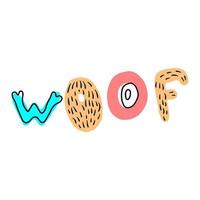 letras palavras woof. doodle sobre o tema de um cachorro, aliciamento, medicina veterinária. um padrão com uma cor da moda sobre um animal de estimação. ilustração vetorial. vetor