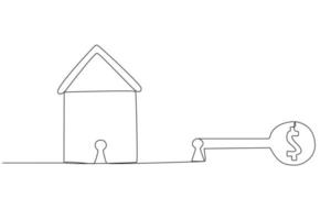 conceito de hipoteca de desenho de linha contínua, a chave abre a casa. ilustração vetorial. vetor