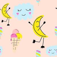 padrão de verão bonito. desenho vetorial sem costura com lua sorridente de patins e sorvete. padrão para crianças. desenhado à mão. vetor