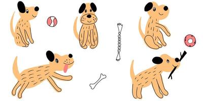 conjunto de vetores de ilustração de cão bonito dos desenhos animados em fundo branco. conjunto de atividades diárias do filhote de cachorro. desenhado à mão.