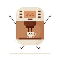 máquina de café feliz fofo e personagem de xícara. ilustração em vetor plana em estilo cartoon, isolado no fundo branco.