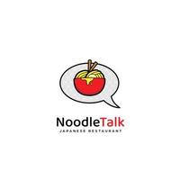 ícone do logotipo do ramen noodle talk, macarrão na tigela vermelha e ilustração do ícone do logotipo do bubble talk vetor