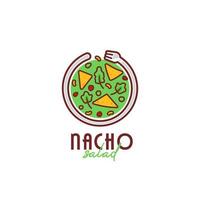 Logotipo da tigela de salada nacho taco, logotipo da tigela de salada nacho culinária mexicana com ilustração do ícone de garfo em forma de círculo vetor