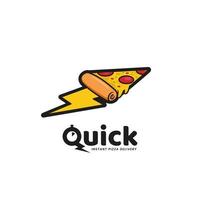 Logotipo de entrega de pizza rápida, logotipo de restaurante de pizza instantânea de fast food com ilustração do ícone de pizza na velocidade da luz em estilo cartoon vetor