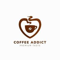 Logotipo do amante do amor de café, viciado em café com xícara e aroma no ícone do logotipo de forma de amor vetor