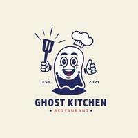 Chef fantasma segurando a ilustração do personagem do mascote da espátula para o logotipo do conceito de restaurante on-line da cozinha fantasma em estilo de desenho animado vintage retrô vetor