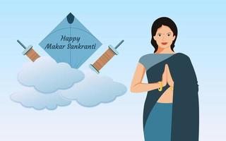 garota na pose de namaste em fundo azul com nuvens, charkhi e pipa, ilustração em vetor feliz makar sankranti.