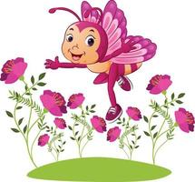 a feliz fada da borboleta está voando no jardim cheio de flores vetor