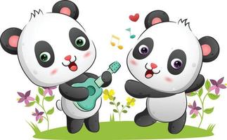 o casal de pandas está tocando violão e dançando com a música no parque vetor