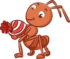 a formiga grande com a cor vermelha está segurando o doce de bolinhas de gude grande em suas mãos