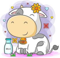 a vaca sentada e sorrindo com uma garrafa de leite