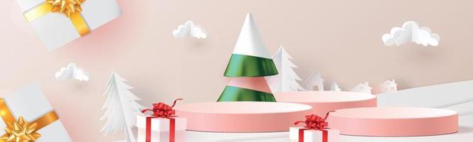 feliz Ano Novo. design minimalista abstrato, compras geométricas, caixa de presente, palco realista, fundo vermelho de férias podium.winter. cabeçalho de site ou exibição de banner vetor