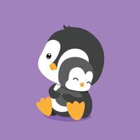 o pinguim está abraçando seu pinguim bebê com a mão