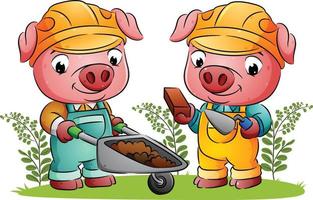o casal construtor de porco está segurando os tijolos e o carrinho de mão no jardim vetor