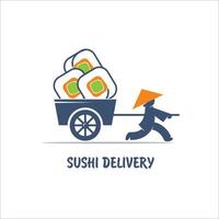 entrega de sushi. logotipo do vetor. um homem chinês com carrinho. vetor