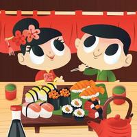 desenho animado super fofo menina em restaurante japonês de sushi