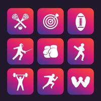conjunto de ícones de esportes, arco e flecha, boxe, lacrosse, críquete, corrida de velocidade, queda de braço, esgrima, futebol, levantamento de peso vetor