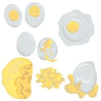 conjunto de diferentes formas de cozinhar ovos, ovos escalfados, ovos cozidos moles, ovos fritos, omelete, mexido. pequenos almoços orgânicos saudáveis vetor