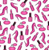 ilustração de cosméticos e sapatos, conjunto de beleza, padrão sem emenda sobre fundo branco. ilustração para embalagens, cartões, cartazes, adesivos, têxteis, design sazonal. vetor