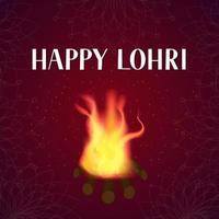 letras de lohri feliz com fogo em fundo escuro. festival indiano tradicional indiano do solstício de inverno. cartaz de celebração hindu. modelo de vetor para cartão de felicitações, convite de festa, banner, panfleto.