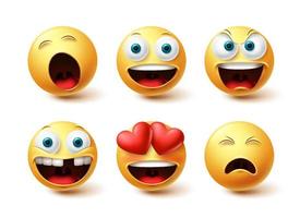 emoji feliz conjunto de vetores. emoticon feliz, apaixonado e expressões faciais de coleção de rosto sonolento isoladas no fundo branco para elementos de design gráfico. ilustração vetorial vetor