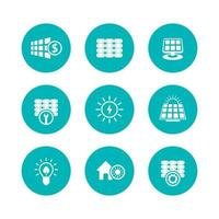 ícones de energia solar, painéis, energia alternativa, conjunto de ícones verdes redondos planos, ilustração vetorial vetor